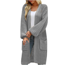 Cardigãs longos de tricô para o inverno, tamanhos grandes, modelo folgado, estilo cardigã feminino, xadrez, cores combinando, cinza.