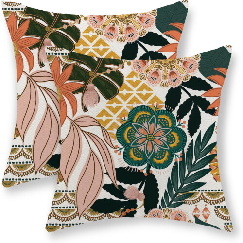 Μαξιλαροθήκες Boho Floral 18x18", Σετ 2 τεμαχίων, Ρουστίκ Vintage Λινές Μαξιλαροθήκες για