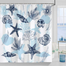 Cortina de chuveiro com tema de praia costeira, estrelas-do-mar, corais e conchas – Azul-marinho, à prova d'água, 183 cm x 183 cm, inclui ganchos.