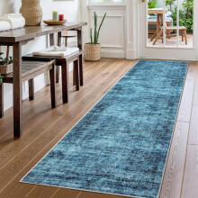 4x6 Washable Vintage Distressed Runner Rug, Non-Slip Kitchen & Hallway Rug, Retro Abstract Low Pile, Soft Entryway Carpet – Blue