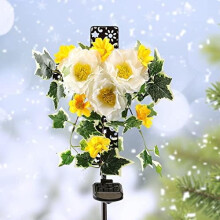 Solar kruisverlichting met drie bloemen, metalen paal met warmwitte ledverlichting, decoratief voor buiten, als gedenkteken of troostgeschenk bij een