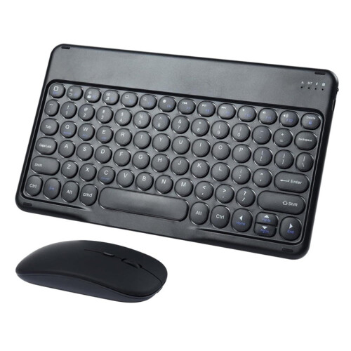 Ultra Slim Retro Bluetooth Keyboard & Mouse Combo – Rechargeable, Mini, Compatible with iPhone, Windows, Android, Tablet, Smartphone (Pink)