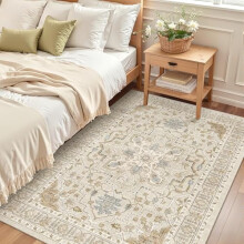 Tapis d'intérieur lavable style vintage 90 x 150 cm, antidérapant, idéal pour l'entrée, la chambre ou la cuisine – Beige/Bleu