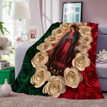 Virgin Mary Rose Blanket - Soft Flannel Throw with Our Lady of Guadalupe, Green & Red Roses, All-Season Use – Compatible with Sofa, Bed, Car,