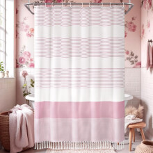 Rideau de douche bohème vert sauge à rayures et pompons, 183 x 183 cm, en coton style ferme