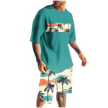 Conjunto de shorts masculino, 2 peças, gola redonda, estampa, esportivo, slim, cintura elástica, blusa de manga curta com gola redonda.