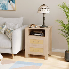 1 Piece Rattan Nightstand with 2 Drawers, Bedside Table End Table with Charging Station for Bedroom Living Room, Beige