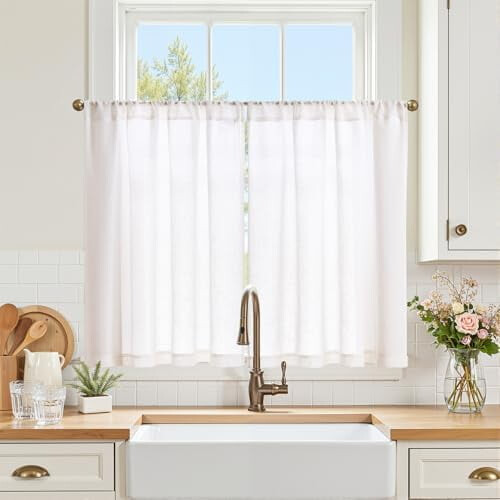 Cortinas de linho brancas para cozinha, 91 cm (36 polegadas), 2 painéis.