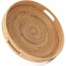 Plateau de service rond en rotin tressé à la main de 30 cm (11,8 po), plateau décoratif en osier avec poignées pour table basse (Naturel-M)