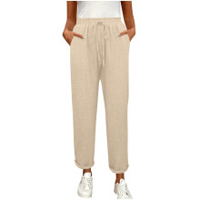 Women's Solid Straight Leg Pants with Elastic Drawstring Waist, Pockets, Slim Fit – Pre-Shrunk Washed Crinkle Fabric, S-2XL