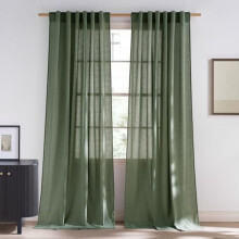 Flax Linen Forest Green Curtains, Rod Pocket & Back Tab, Light Filtering, Privacy, W55xL108, Set of 2