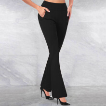 Calça feminina casual de malha lisa com modelagem flare e corte slim.