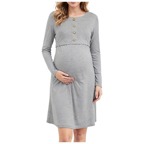 Abito premaman da donna in cotone a maniche lunghe con scollo rotondo, lunghezza midi