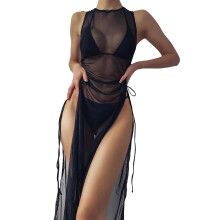 Women's Shiny Mesh Bikini Cover-Up Dress with Draped Front, Drawstring Knot & High Split – Compatible with Most Bikinis
