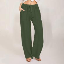 HERESOM Dames Plus Size Katoen Linnen Broek met Wijde Pijpen Casual Losse Pasvorm Elastische Hoge Taille Palazzo Broek met Trekkoord Dameskleding