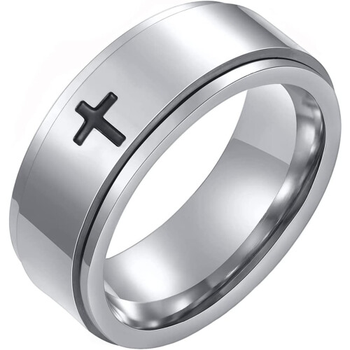 Δαχτυλίδια Spinner Cross για Άνδρες, Ασημένια/Μαύρα Δαχτυλίδια Άγχους Fidget για Άνδρες,