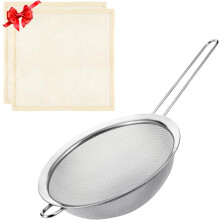Fine Mesh Strainer 7.9" Stainless Steel with Handle + 20x20" Reusable Unbleached Cotton Cheese Cloths (4 Hemmed Edges) – Compatible with Kitchen Use