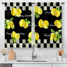 Retro Lemon Kitchen Curtains, Rustic Country Cafe Tier, Black/White Buffalo Plaid Fruits & Leaves, Rod Pocket, 2 Panels, 28"x36"