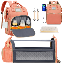 Mochila cambiador multifuncional con cambiador, bolsillo térmico para biberones, cuna plegable y puerto USB – Rosa