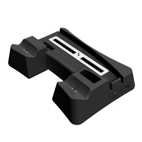 Supporto con ventola di raffreddamento per PS5 Digital Edition – Hub 3 in 1 con doppio caricatore per controller, vano per cuffie/controller e