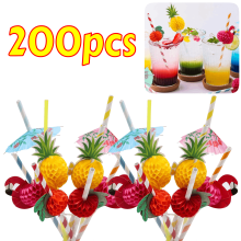 200 Canudos Decorados com Temas Tropicais – Desenho de Flamingo e Frutas