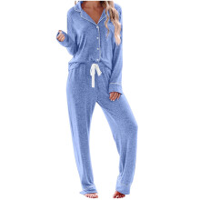 Dame pyjamassæt med lange ærmer, knaplukning, nattøj med v-hals, blødt loungesæt, M-3XL