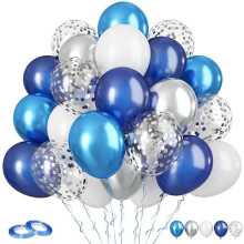 Marinblå och silverfärgade ballonger – 60 st metallic/latexmix, 30 cm vita med silverfärgad konfetti, för födelsedag, babyshower, examen,
