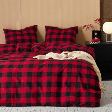Gingham Cotton Duvet Cover Set Red Black 3-Piece Full