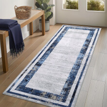 2x6 Modern Bordered Runner Rugs Machine Washable Non-Slip Contemporary Stain Resistant Low Pile Carpet for Entryway Bedroom Hallway Kitchen Navy