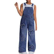 Girls Denim Overalls Stretch Wide Leg Denim Jumpsuit Pants With Star Casual Suspender Straps Trousers Jeans For Teen Girls Fall Outfit 12-13 Years
