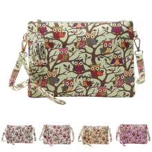 Dameveske med crossbody-motiv, tegneserieugle, glidelås, skuldervesker, innvendige lommer, telefonvesker under armene, for studenter, beige