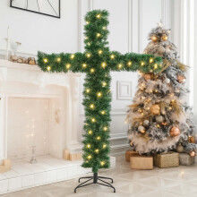Foldable Pre-Lit Cross Christmas Tree, 6ft Indoor Decor with LED & Wooden Rattan Ring