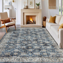 Vintage Rug 5x7 Washable Distressed Retro Oriental Non-Slip TPR Backing Low Pile Thin Foldable Soft Non-Shedding Nursery Blue