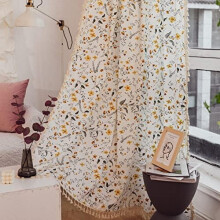 Boho Semi-Blackout Yellow Floral Curtain, Cotton-Linen, Handmade Tassels, Rod Pocket, 59"x84", 1 Panel