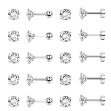 10 Pairs 316L Stainless Steel Earrings Round Cubic Zirconia Stud Earring Screw Flat Back Ear Stud Set for Women Men, Silver, 3mm
