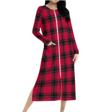 Women's Plaid Nightgown with Pockets Long Sleeve Zip-Up