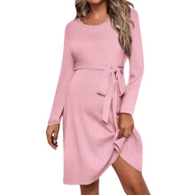 Maternity Belted Dress Round Neck Long Sleeve Solid Color Adjustable Waist Skirt Flattering Pregnancy Dress for Women(Pink,S)
