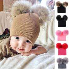 Kids Winter Cute Warm Soft Pompom Hat Knitted Ski Beanie Hat Double Pom Beanie Cap for Girls Boys