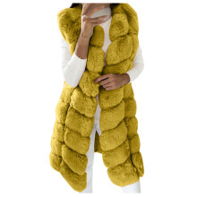 Abrigo de piel sintética para mujer, sin mangas, cálido, de invierno, con abertura frontal, chaleco largo y suave para mujer, color amarillo.
