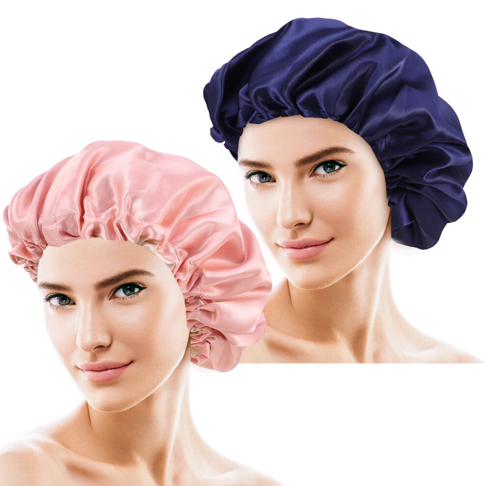 2 Pack Sleep Cap,Silk Bonnet, Satin Hair Cap for Sleeping Salon Bonnet Waterproof Suitable for Female Hair Care(pink)