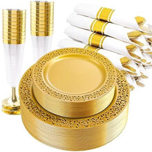 Set de veselă de unică folosință, auriu-roz transparent, 175 de piese