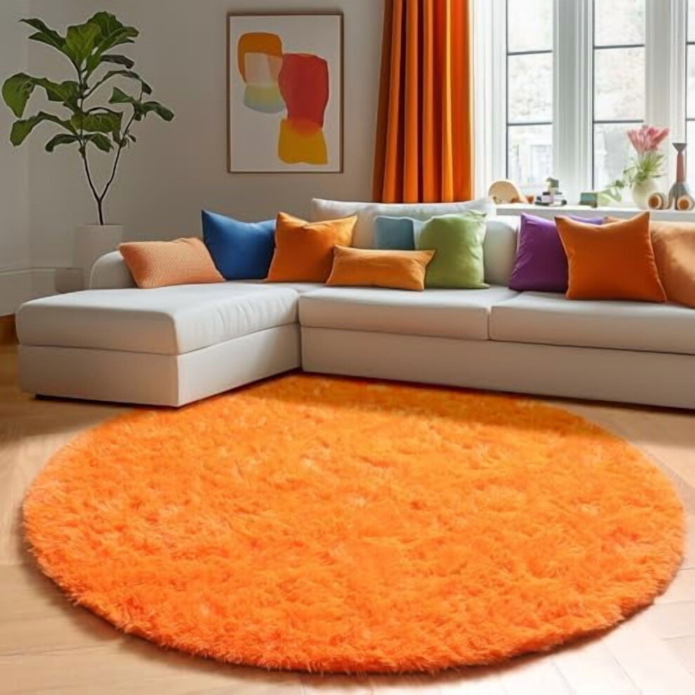 Round 4Ft Fluffy Shag Rug For Bedroom, Living Room, Kids Room—Cute Furry Plush Carpet For Nursery, Dorm & Playroom Orange