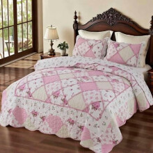 Blått blomstermønsterlappeteppesett, hel/queen size, 3 deler