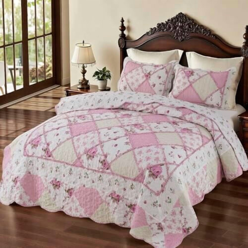 Blåt blomstermønster patchwork quiltsæt, vendbart 3-delt