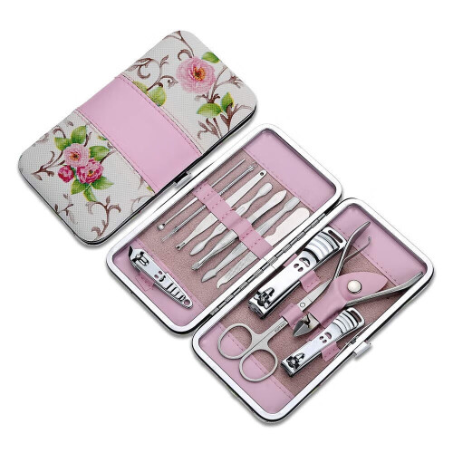 Conjunto de manicure e pedicure de 12 peças com estojo de couro