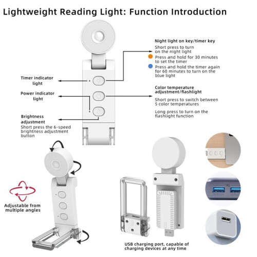 USB Clip Reading Light Folding Book Light Led Reading Light Portable Rechargeable Book Light 6 Brightness Dimmabl White B 2