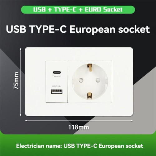 Standard Socket Wall Power Socket USB+TYPE-C+EURO Socket 16A 180V-250V USB Power Adapter Socket EU Plug 1