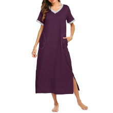 Lange katoenen nachtjapon voor dames, ultrazacht, nachthemd met korte mouwen, bovenkleding, slaapkleding met zakje, 2025