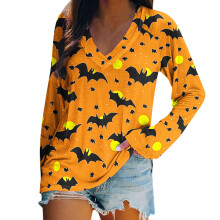 Dámska mikina s dlhým rukávom a výstrihom do V, veľkosť Happy Halloween, roztomilá potlač, veľkosť S-2XL
