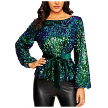 Bluse für Damen, Paillettenbesetztes, trendiges Party-Pullover-Top mit Samtbund, Grün